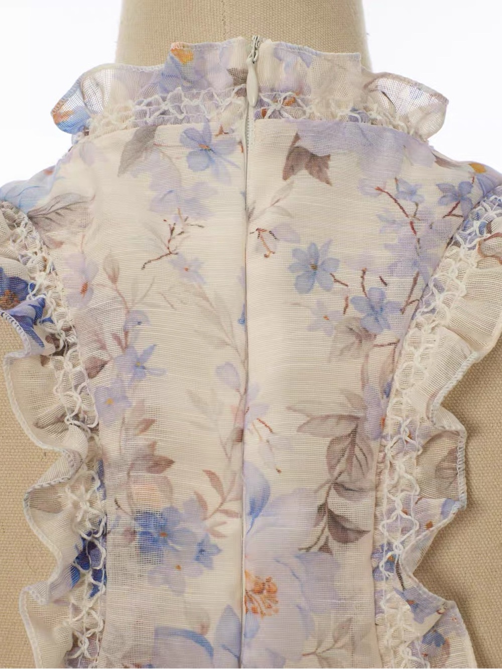 Designer-style Sleeveless Floral Ruffle Mini Dress in Ivory and Light Blue - Picture 11 of 12